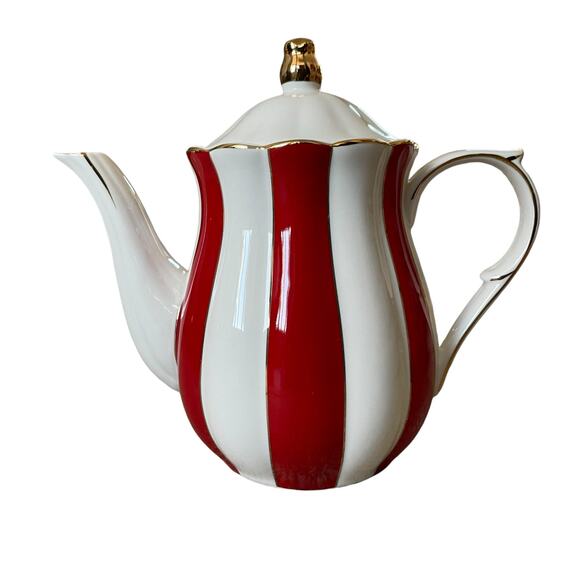 Grace Teaware Fine Porcelain Teapot Holiday Red White Gold Peppermint Stripe New - Picture 7 of 16